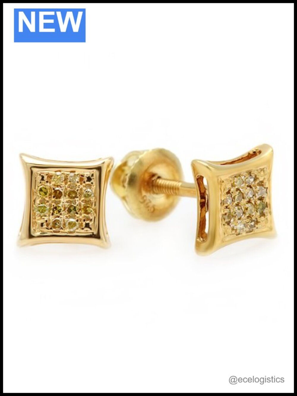 14K Solid Yellow Gold Diamond Stud Earrings, Screw Back, Unisex